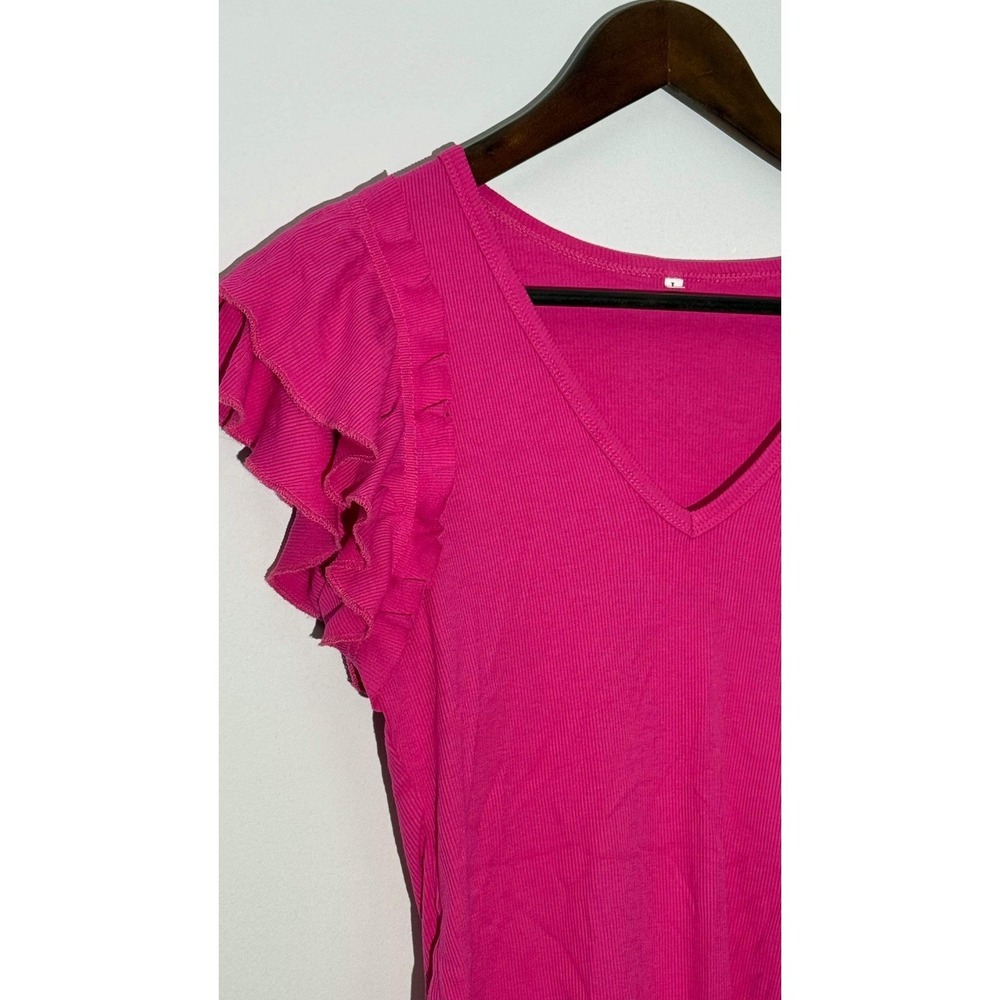 Ruffle Sleeve Bodysuit Women Large Hot‎ Pink Ribbed V-Neck Cap Sleeve - Picture 7 of 7